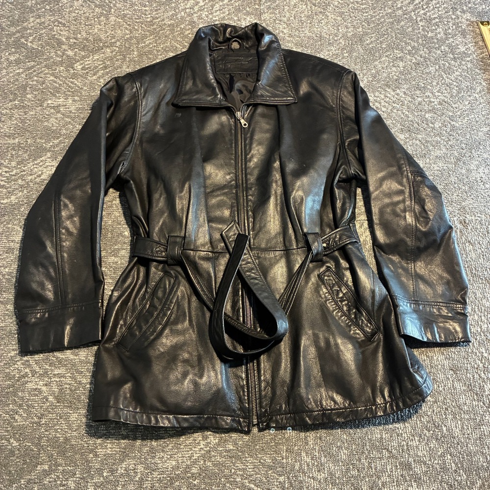 Vintage 90s Black Leather Jacket Womens Large Belted Zip Coat Jacqueline Ferrar
